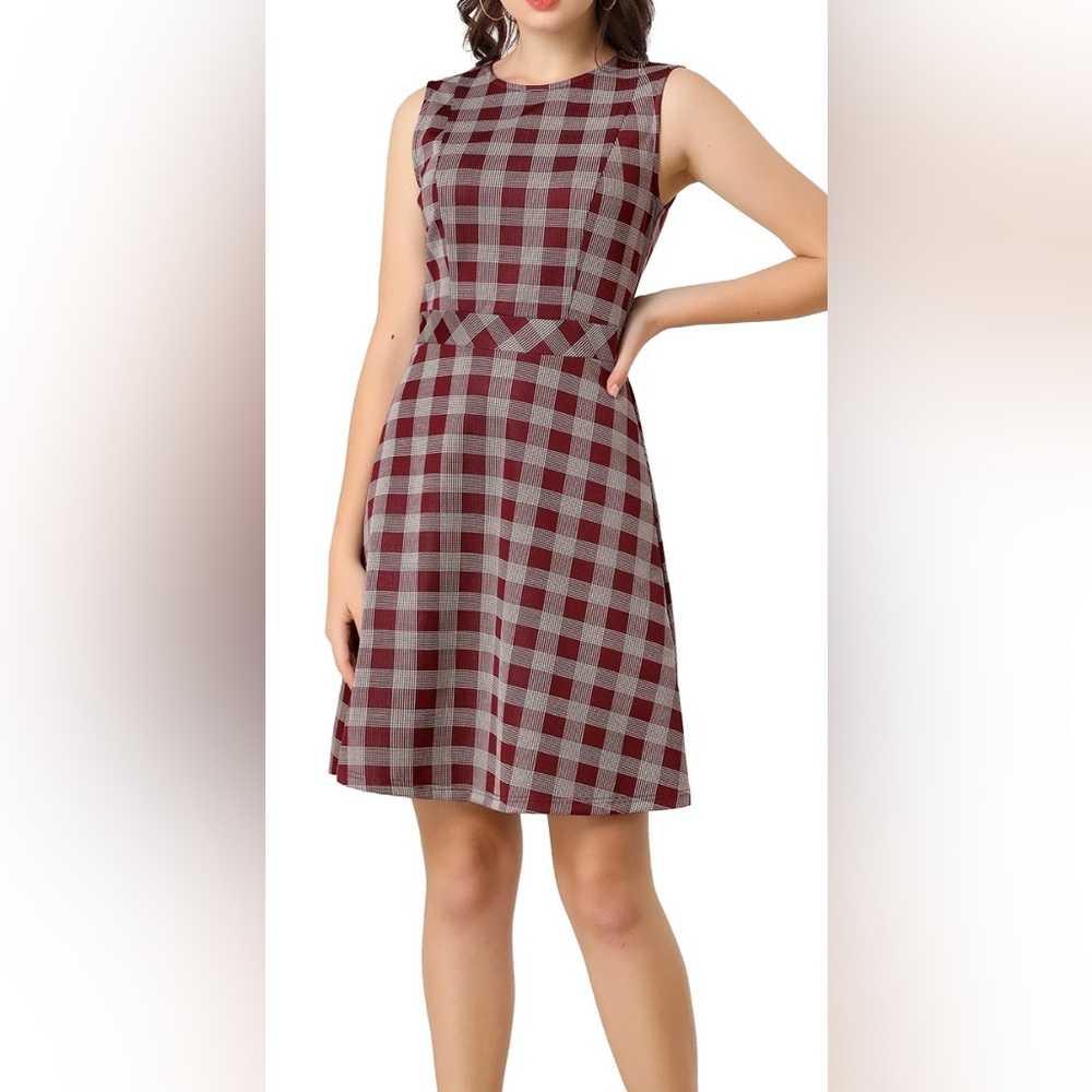 NWT Allegra K Houndstooth Plaid Burgundy Fit & Flare Knee Length‎ Dress S